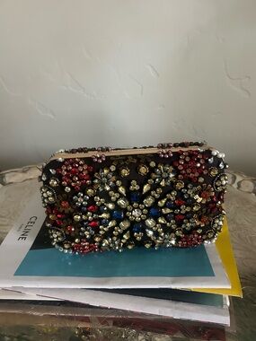 Alice + Olivia Black Jeweled Floral Embellished Evening Clutch
